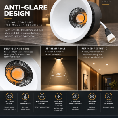 REALBUY recessed COB lens spot downlight deep-set lens and anti-glare optical design