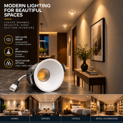REALBUY recessed COB lens spot downlights installed in a premium architectural interior
