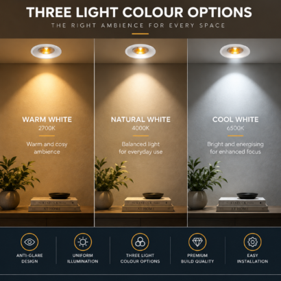 REALBUY COB lens spot downlight light colour comparison showing Warm White 2700K Neutral White 4000K and Cool White 6500K
