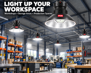 FOS 50W and 60W reflector high bay lights illuminating a workshop and storage area