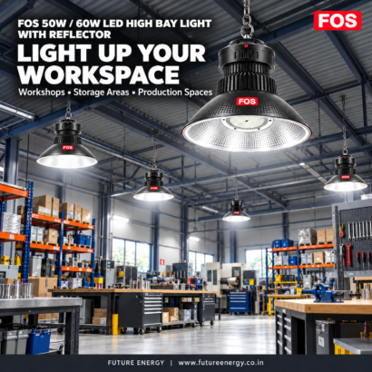 FOS 50W and 60W reflector high bay lights illuminating a workshop and storage area