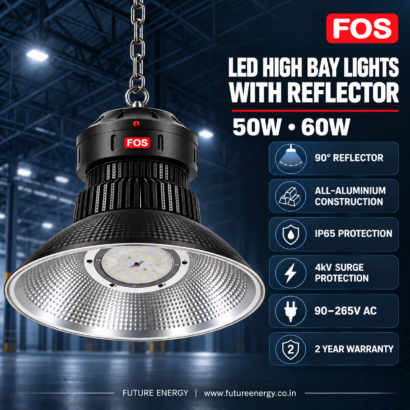 FOS 50W and 60W high bay light features including 90 degree reflector IP65 protection 4kV surge protection and two year warranty