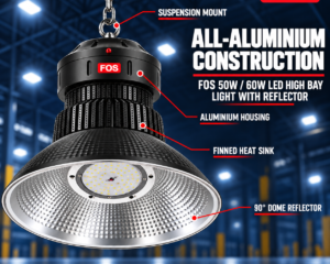 FOS 50W and 60W aluminium high bay light with suspension mount finned heat sink and 90 degree dome reflector