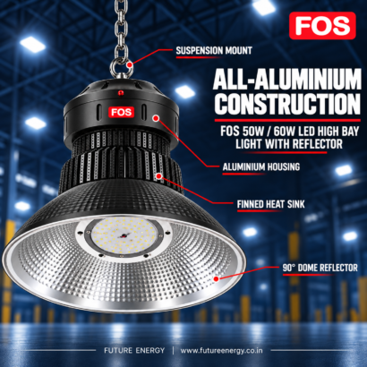 FOS 50W and 60W aluminium high bay light with suspension mount finned heat sink and 90 degree dome reflector