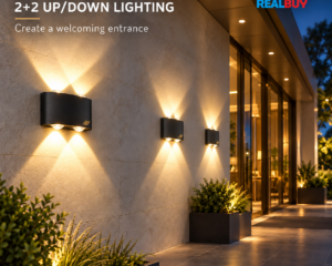 REALBUY 8W up and down lens wall lights highlighting an architectural wall