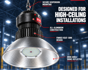 FOS aluminium LED high bay light with finned heat sink suspension mount and dome reflector