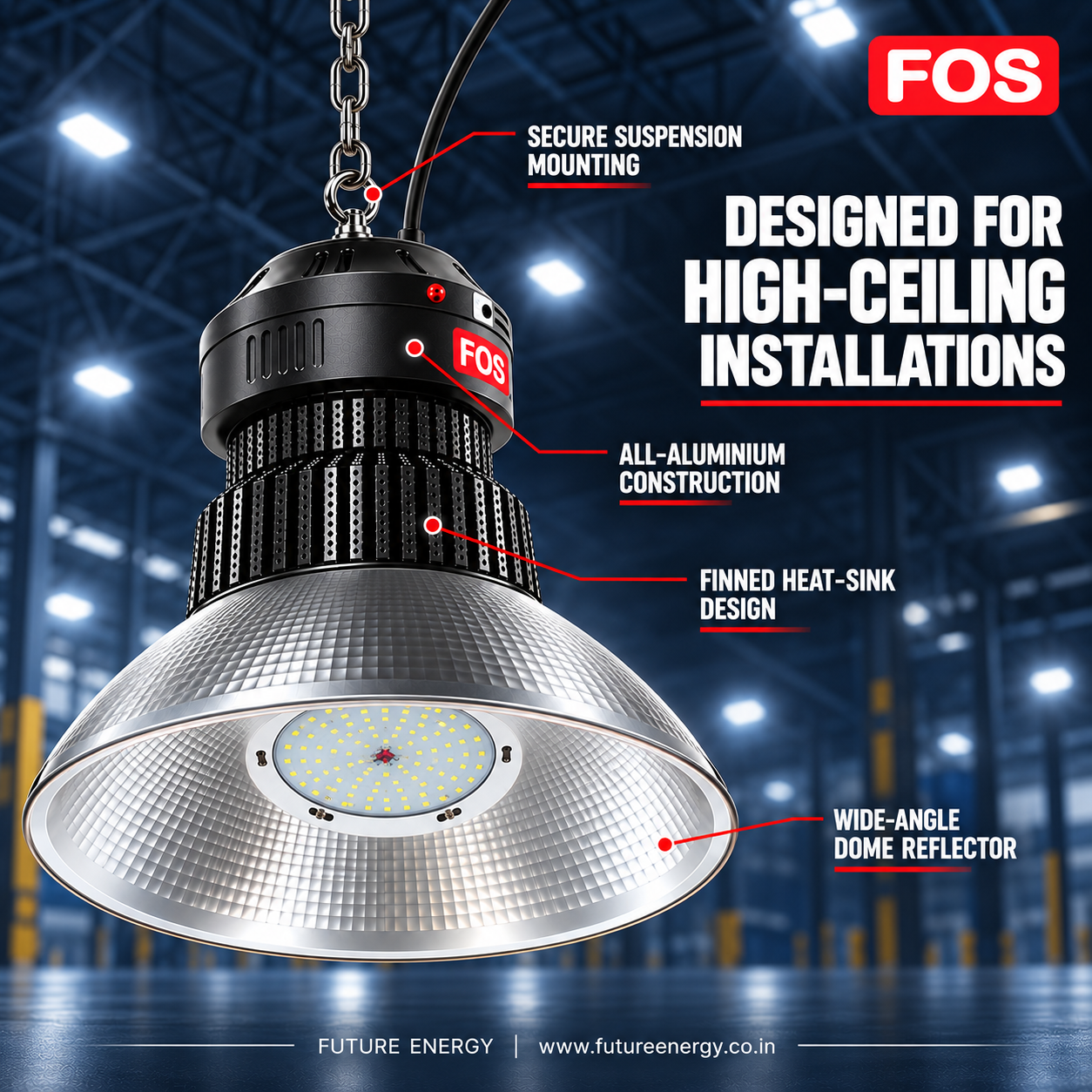 FOS aluminium LED high bay light with finned heat sink suspension mount and dome reflector