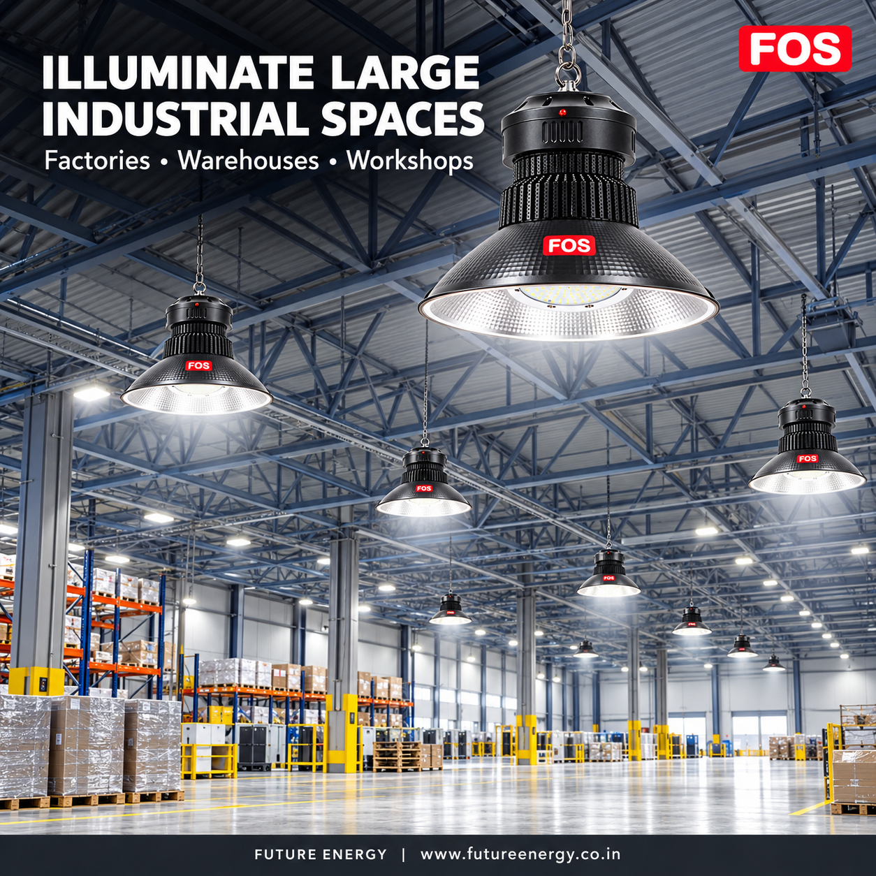 FOS LED high bay lights installed in factory warehouse and workshop