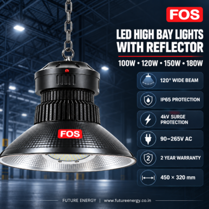 FOS LED high bay light features including IP65 4kV surge protection and 120 degree beam