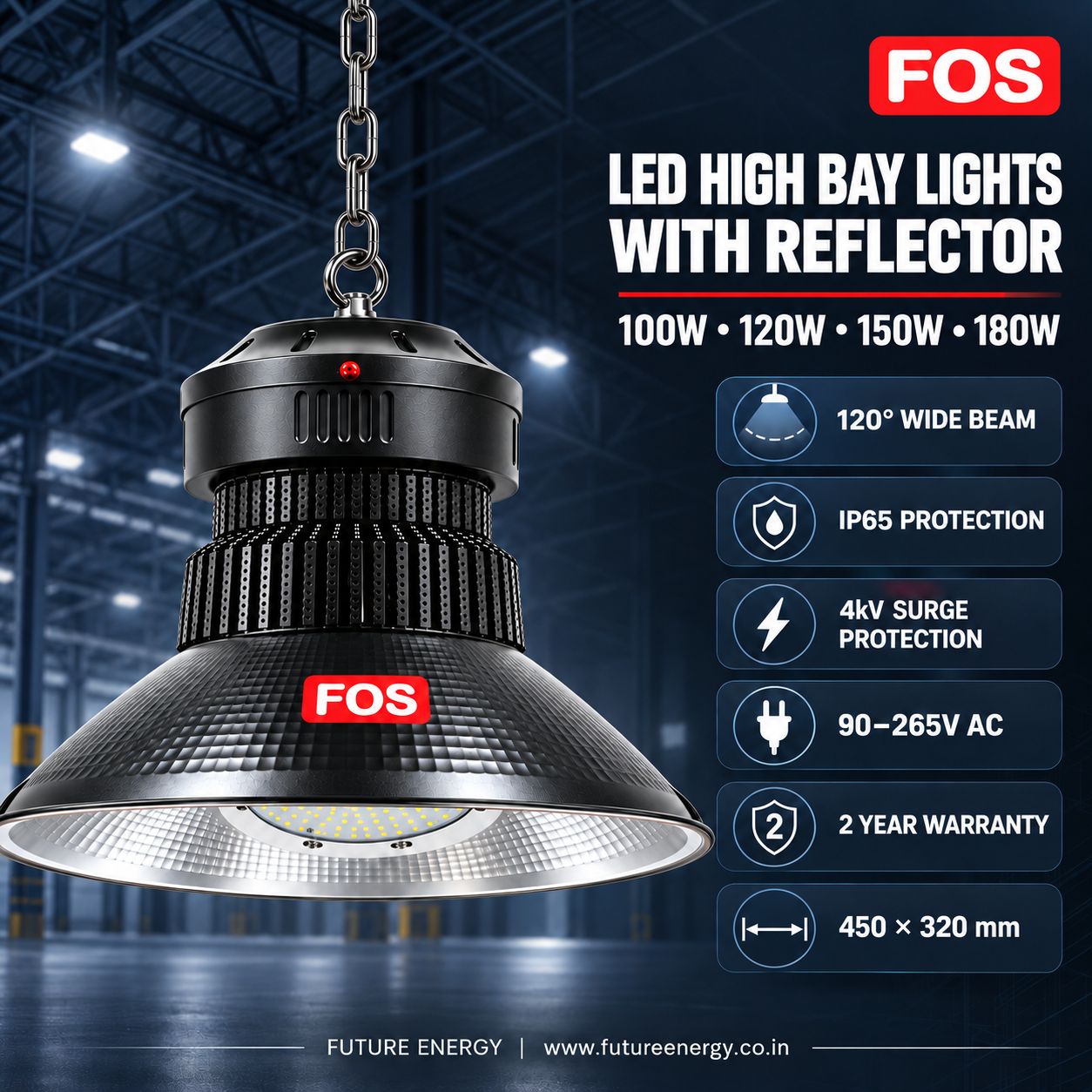 FOS LED high bay light features including IP65 4kV surge protection and 120 degree beam
